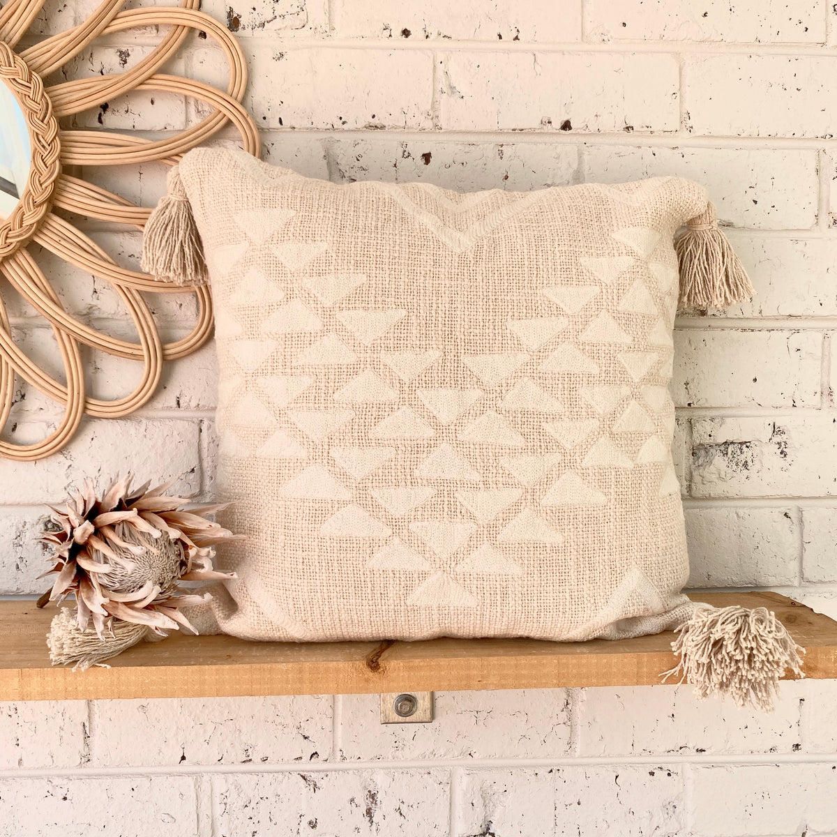 Oat White Aztec Tassel Cushion – Boho Morocco - Main Image