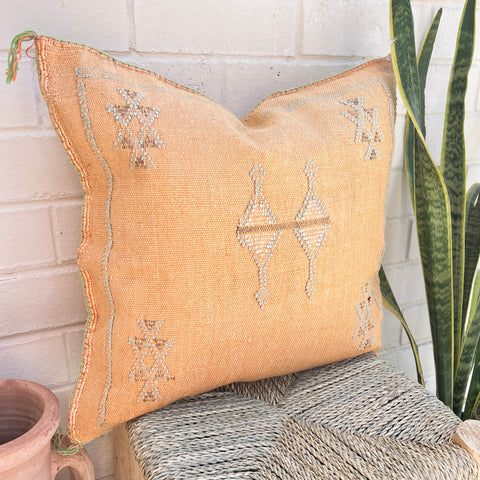 Apricot with Blue and Brown Cactus Silk Cushion