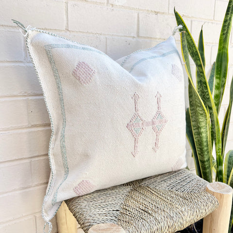 Oat White with Pink and Blue Cactus Silk Cushion