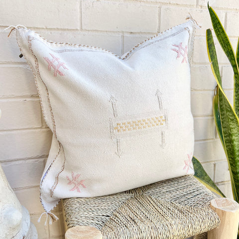 Oat White with Pink and Yellow Cactus Silk Cushion