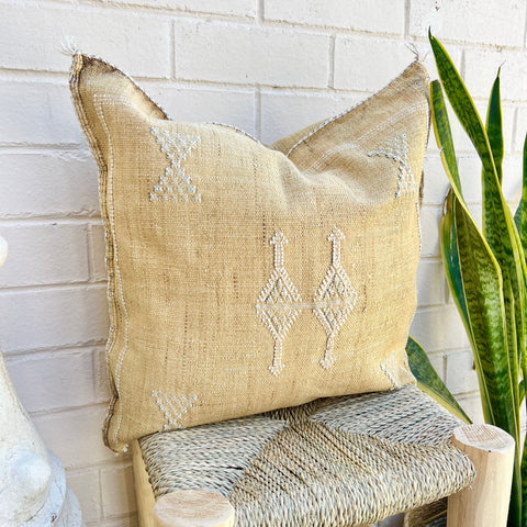 Golden Sand With White and Blue Cactus Silk Cushion