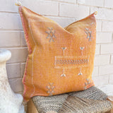 Golden Apricot with White and Blue Cactus Silk Cushion