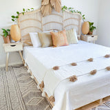 Moroccan Bedspread Pom Pom Blanket - White with Almond brown