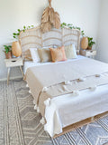 Moroccan Bedspread Pom Pom Blanket - Almond brown With White