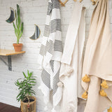 White with Black Stripe Moroccan Pom Pom Throw Blanket