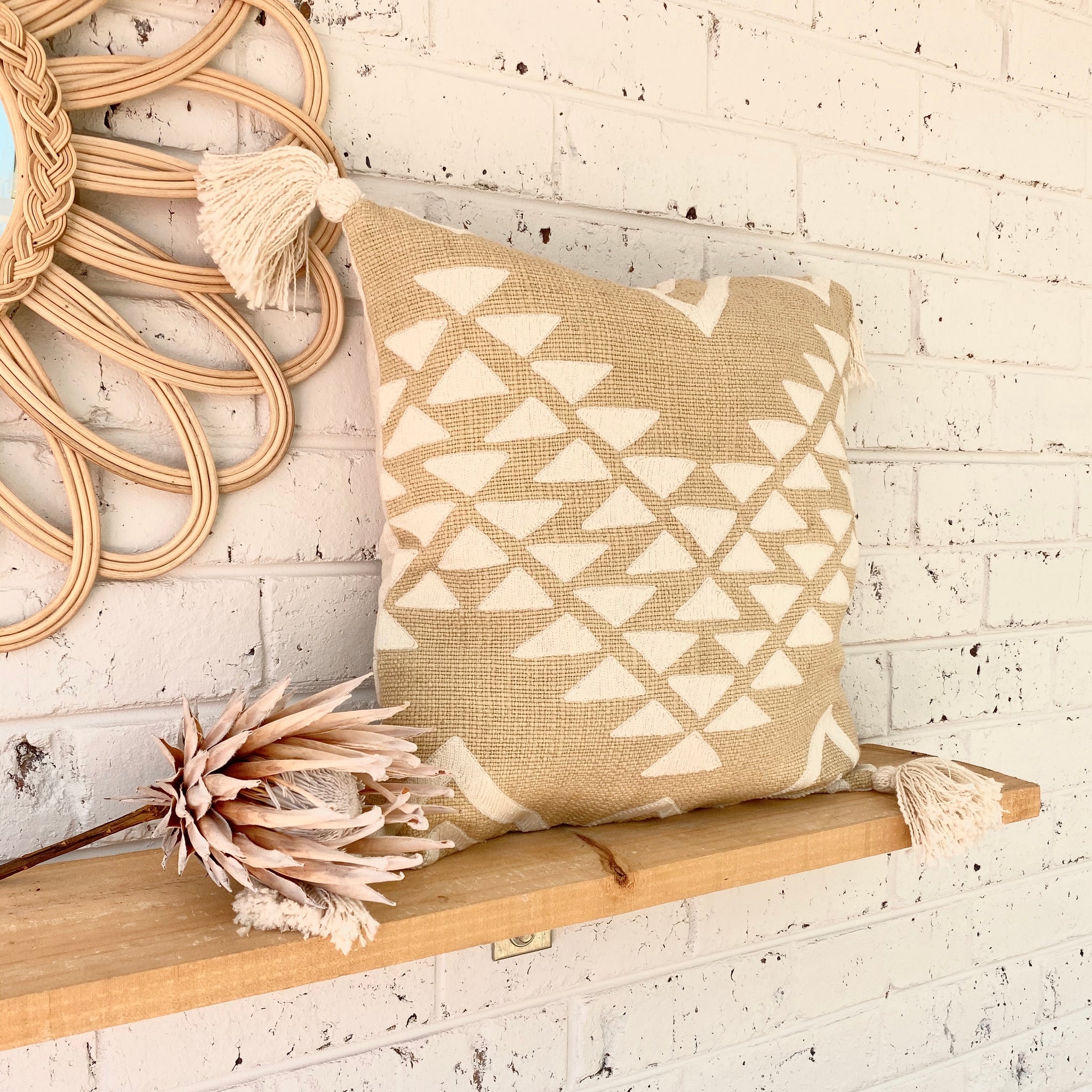 Beige Aztec Tassel Cushion Boho Morocco